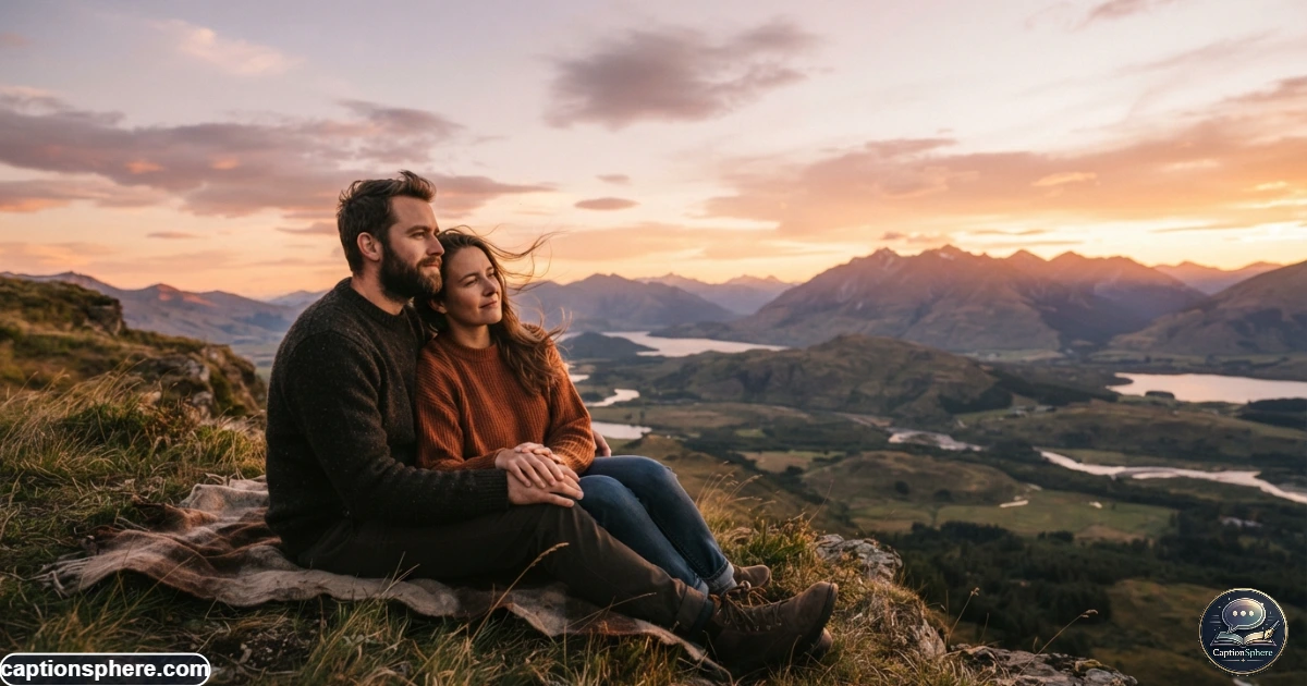 Couple sitting together and reflecting during a peaceful sunset relationship milestone