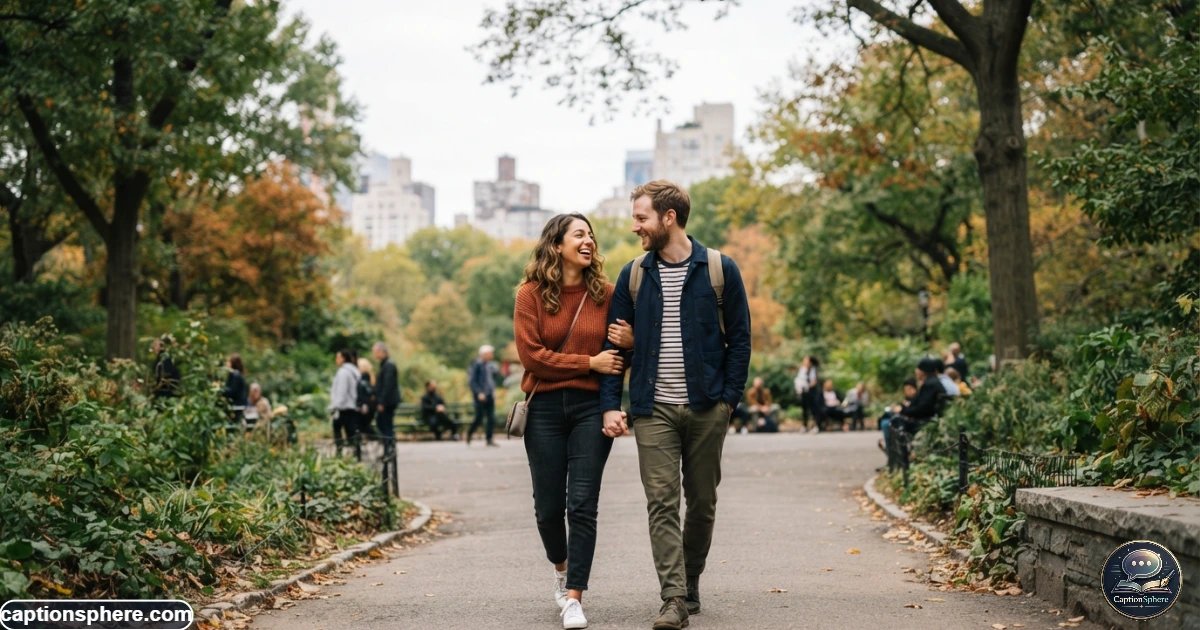 Couple walking together outdoors and enjoying a relaxed romantic date