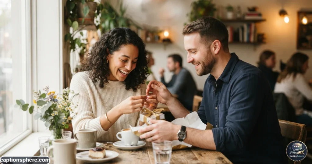 Couple sharing a thoughtful romantic gesture during their monthly relationship celebration