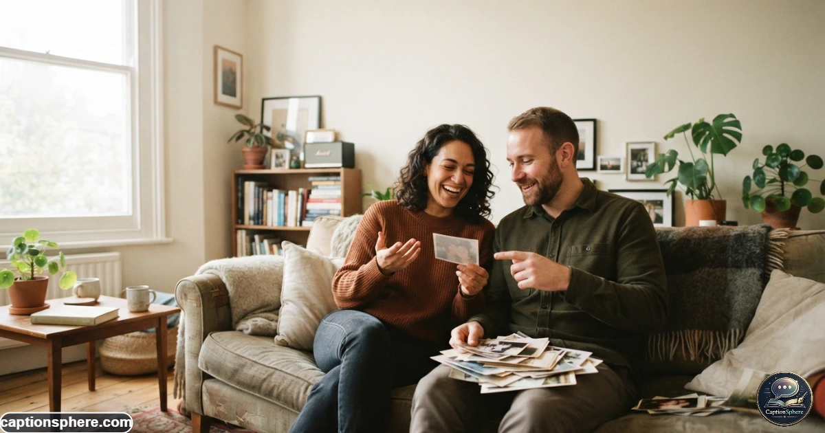 Couple looking through shared photographs and remembering meaningful moments together