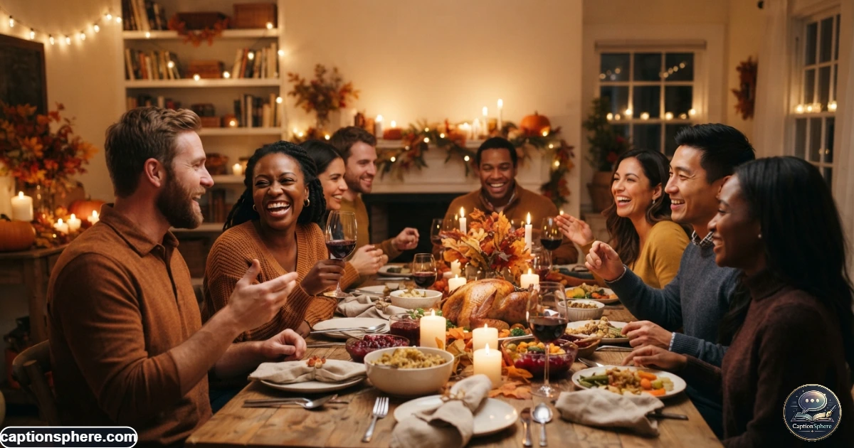Friends gathered around a festive Friendsgiving dinner table in a cozy autumn home