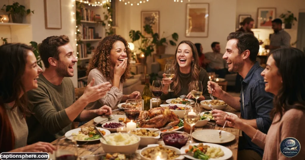 Friends laughing together during a playful Friendsgiving dinner with food on the table