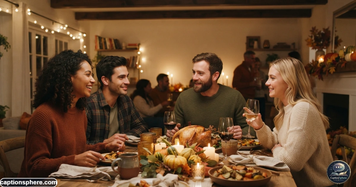 Friends sharing a heartfelt moment together around a warmly lit Friendsgiving table