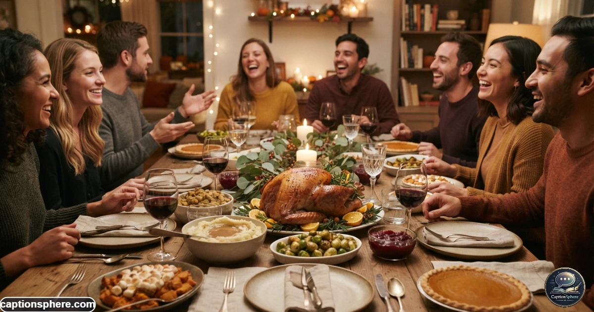 Festive Friendsgiving dinner table filled with homemade dishes and shared food