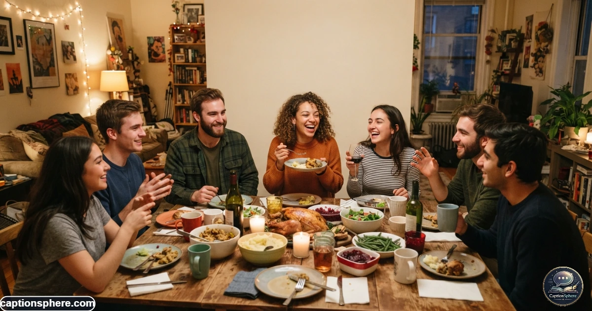 College friends and roommates sharing a casual Friendsgiving meal in an apartment