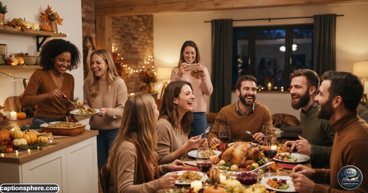 Candid Friendsgiving moments showing friends eating, laughing and celebrating together
