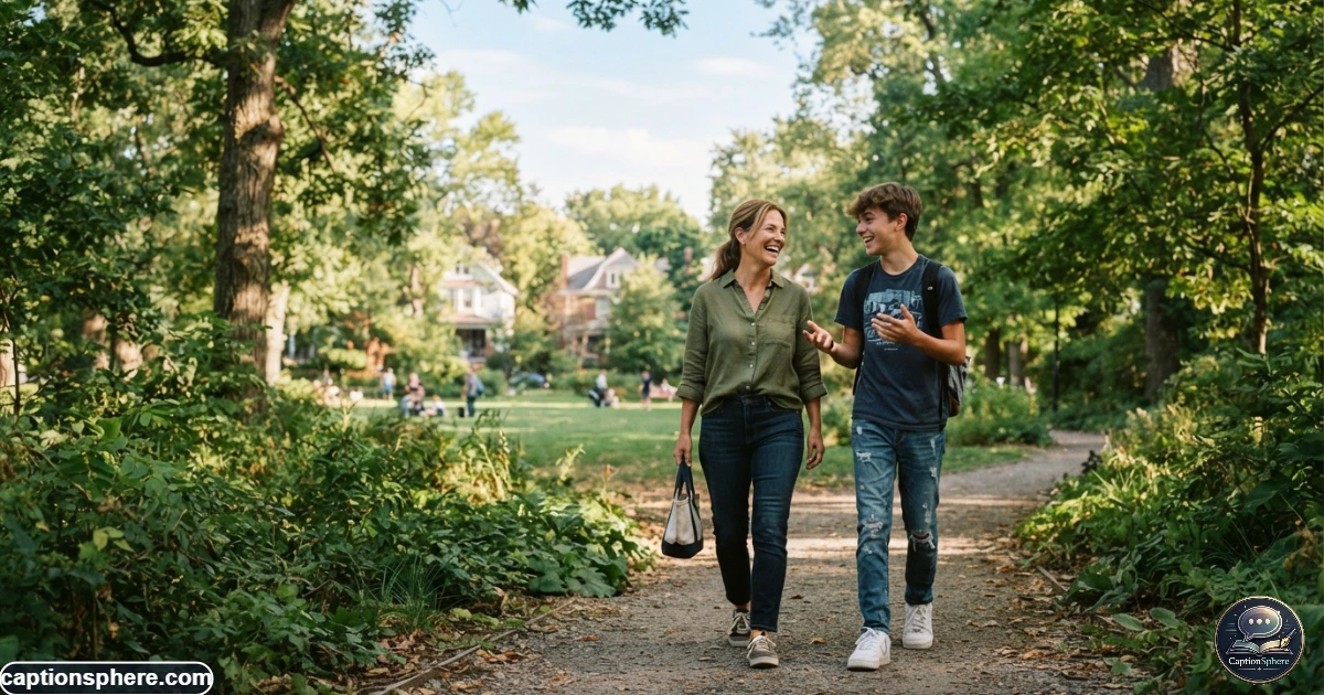 Mother and son walking together during a relaxed outdoor family moment