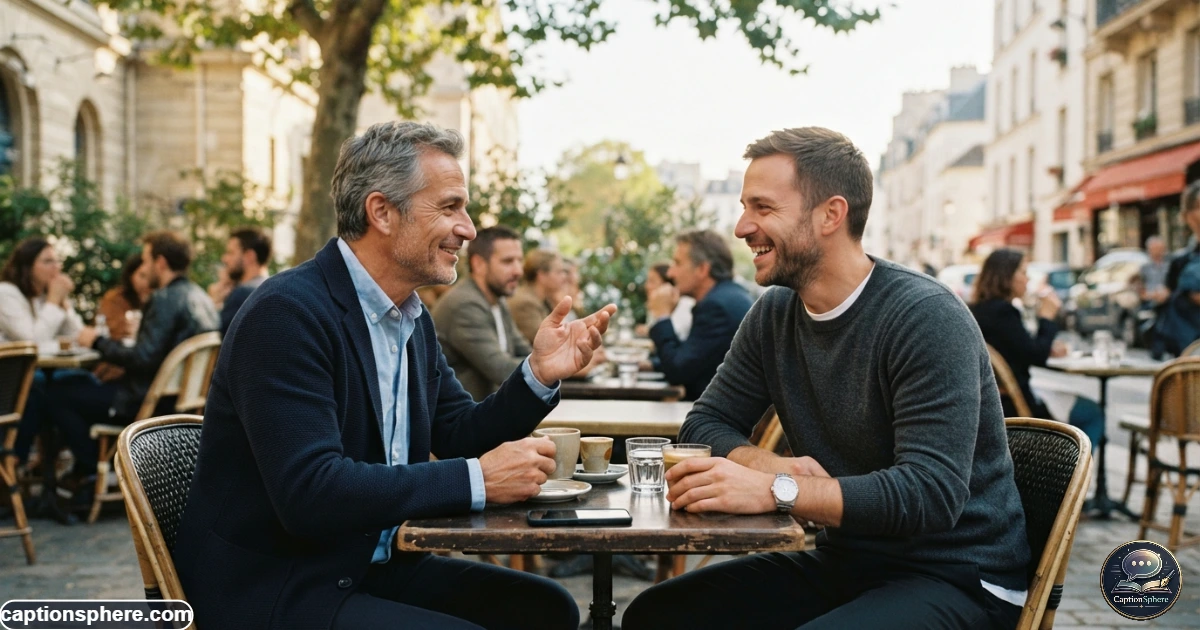Father and adult son sharing a relaxed conversation outdoors