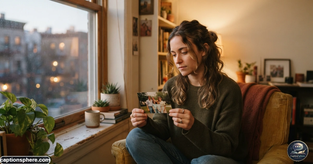 Adult looking at a family photo while feeling homesick in a warm apartment
