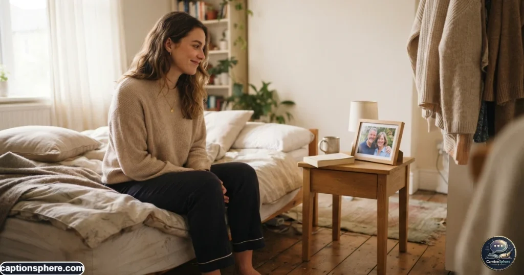 Young adult abroad looking at family photos while living far from home