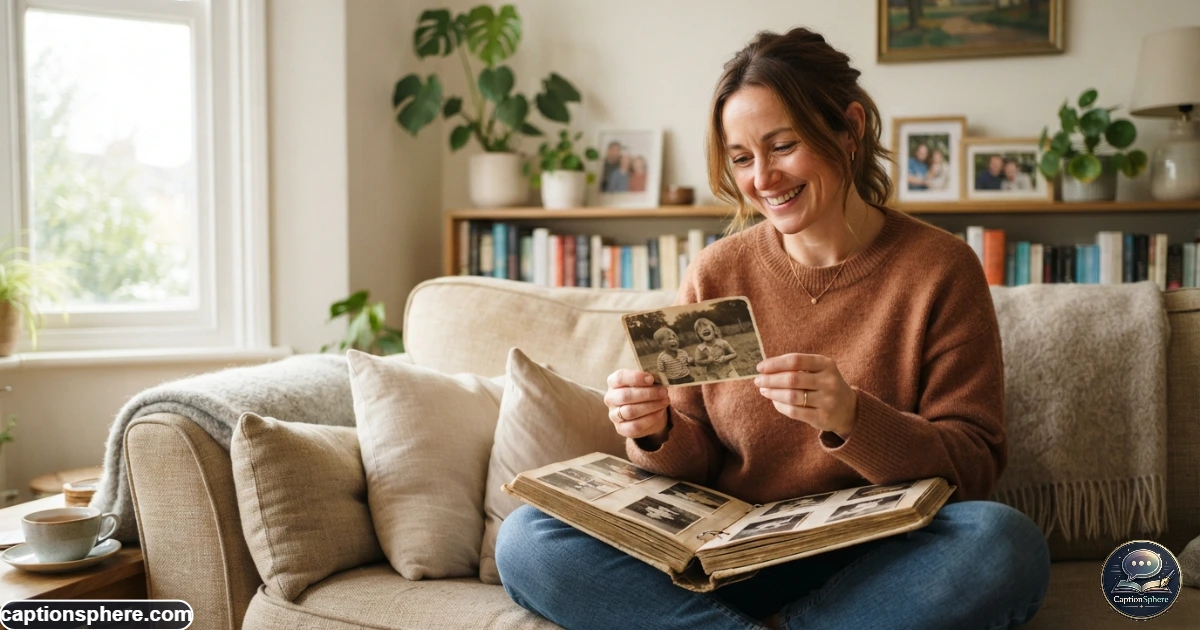 Adult smiling at old photographs of siblings and childhood family moments