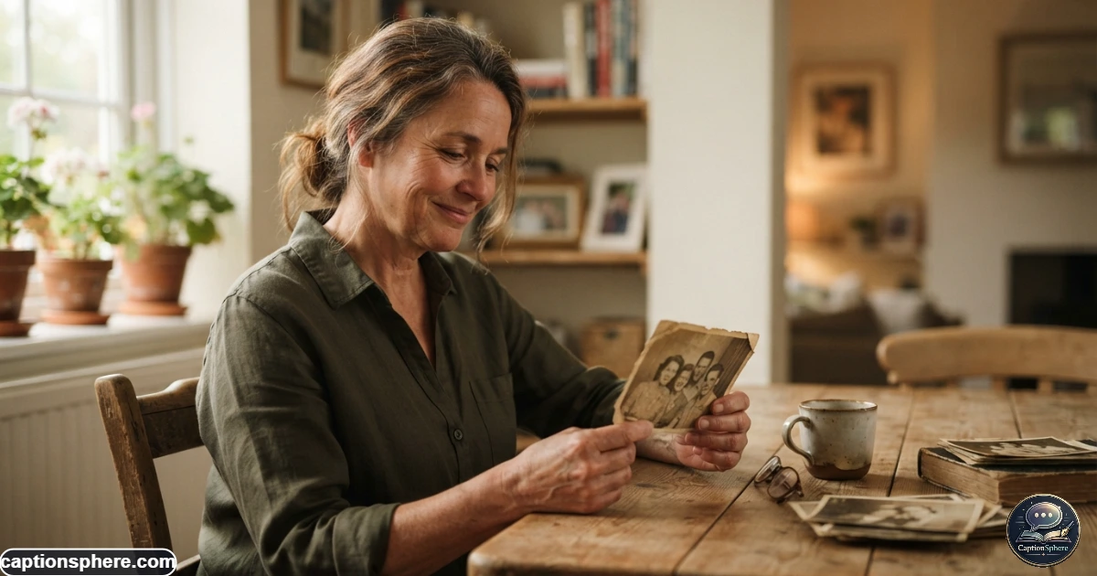 Adult holding an old family photograph with a tender emotional expression