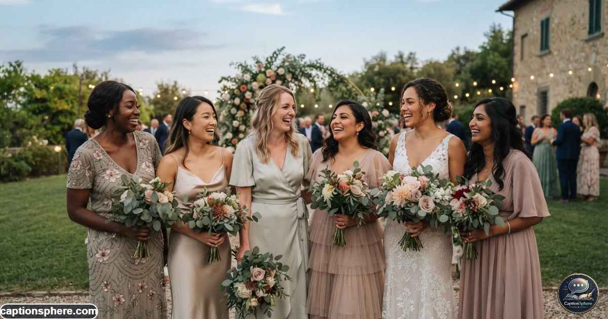 Bridesmaids smiling together at an elegant outdoor wedding celebration