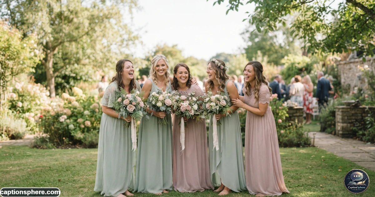 Smiling bridesmaids posing together with bouquets during a joyful wedding day