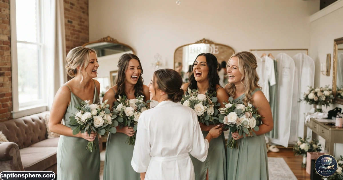 Bridesmaids laughing together during a playful wedding preparation moment