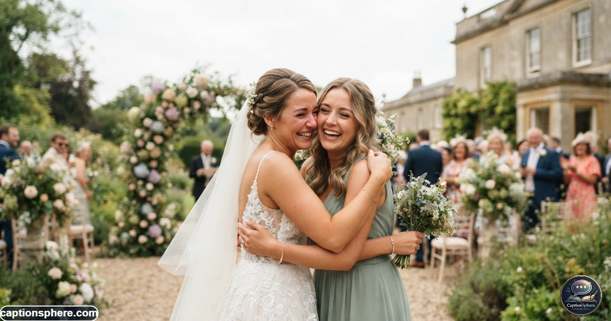 Best friends embracing and celebrating together at a beautiful wedding