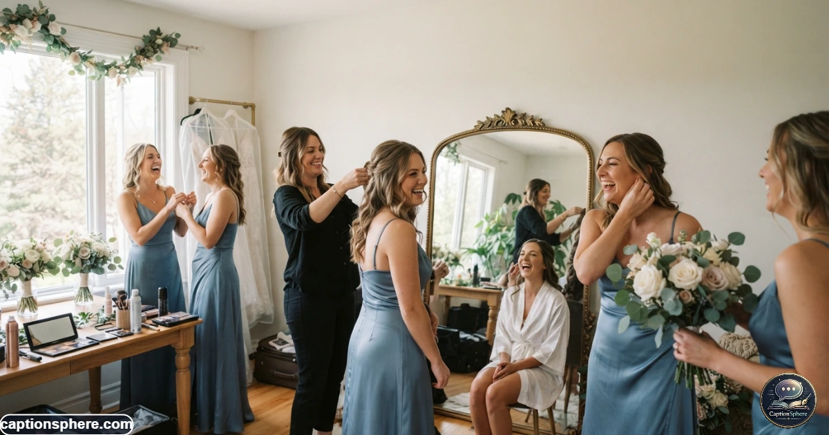 Bridesmaids preparing together in matching dresses before the wedding ceremony