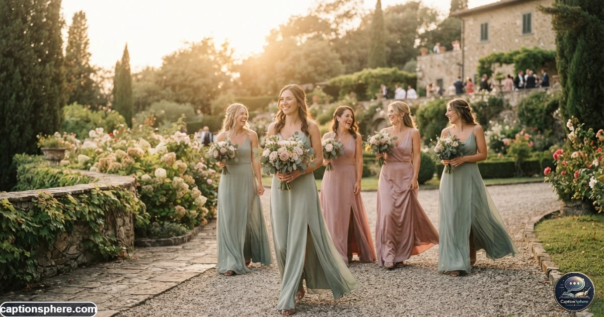 Elegant bridesmaids posing outdoors in soft golden-hour wedding light