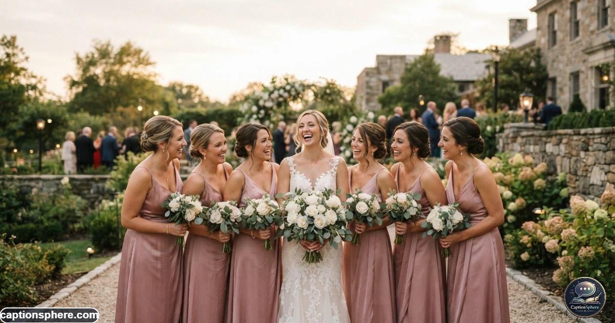 Bridesmaids standing beside the smiling bride during an elegant wedding celebration
