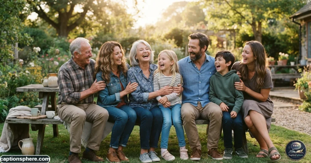 Family members smiling and laughing together during a warm outdoor gathering