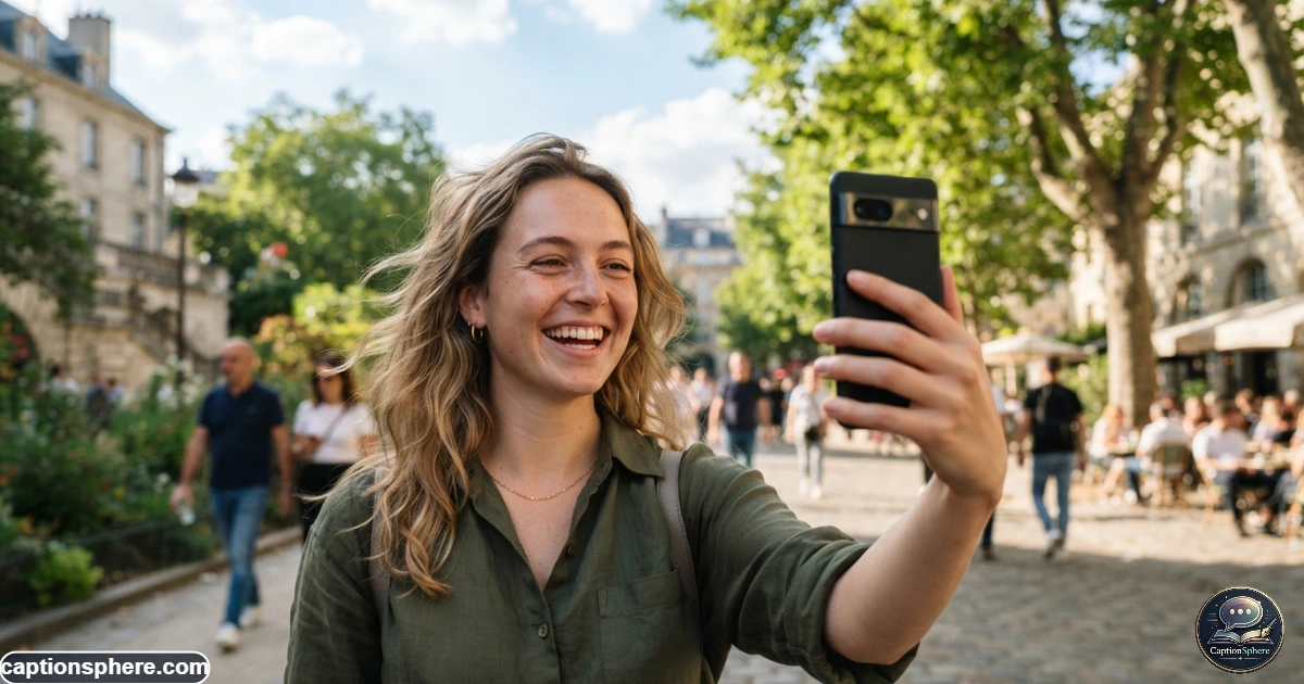 Young adult smiling naturally while taking an everyday outdoor selfie