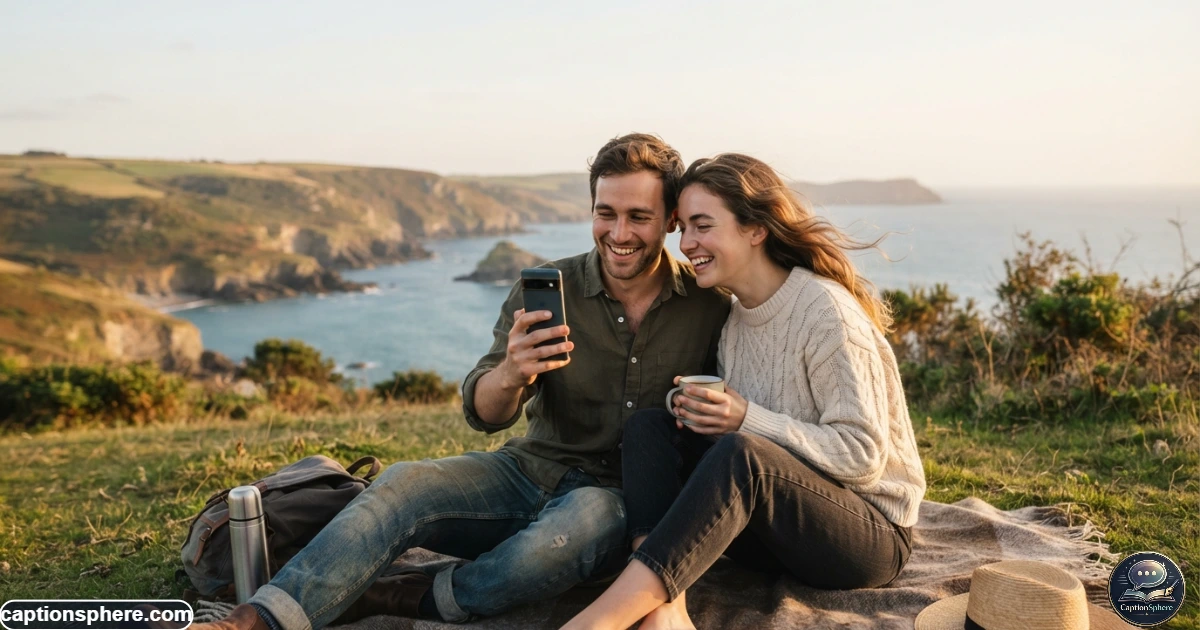 Couple sharing a warm moment while taking photos for Instagram