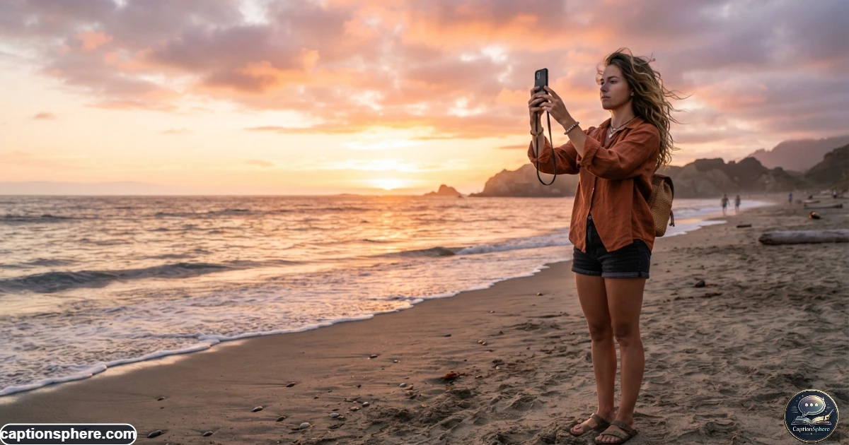 Traveler photographing a colorful sunset during a beach vacation