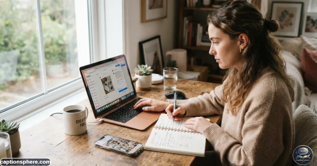 Content creator planning an Instagram post and writing a caption