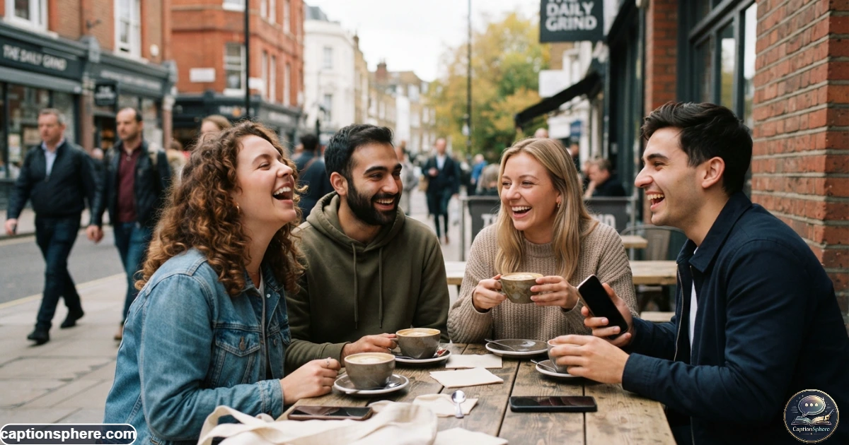 Friends laughing together during a chaotic everyday moment with phones and coffee