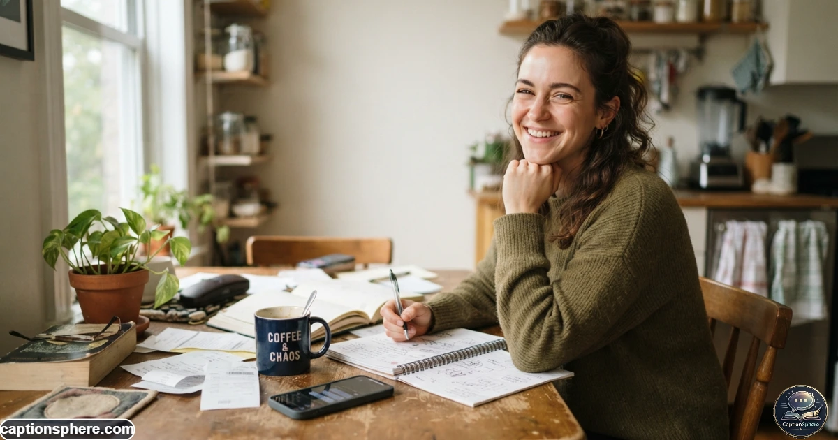 Person sitting at home surrounded by coffee, phone, papers, and everyday clutter