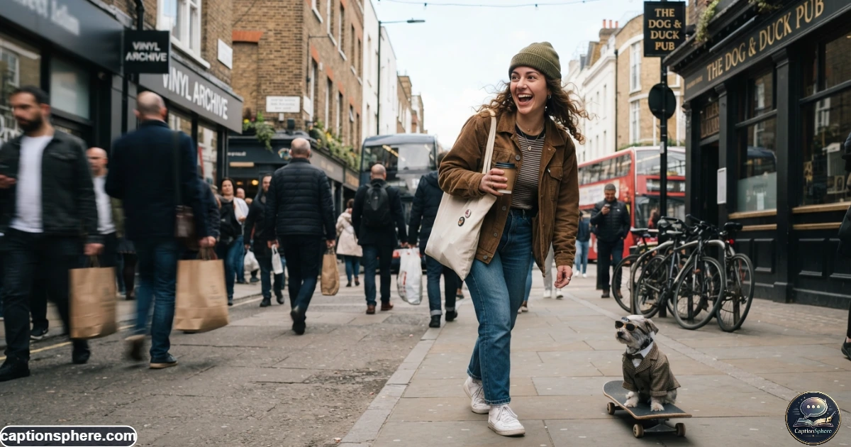 Person navigating a busy city street while laughing at an unexpected everyday situation