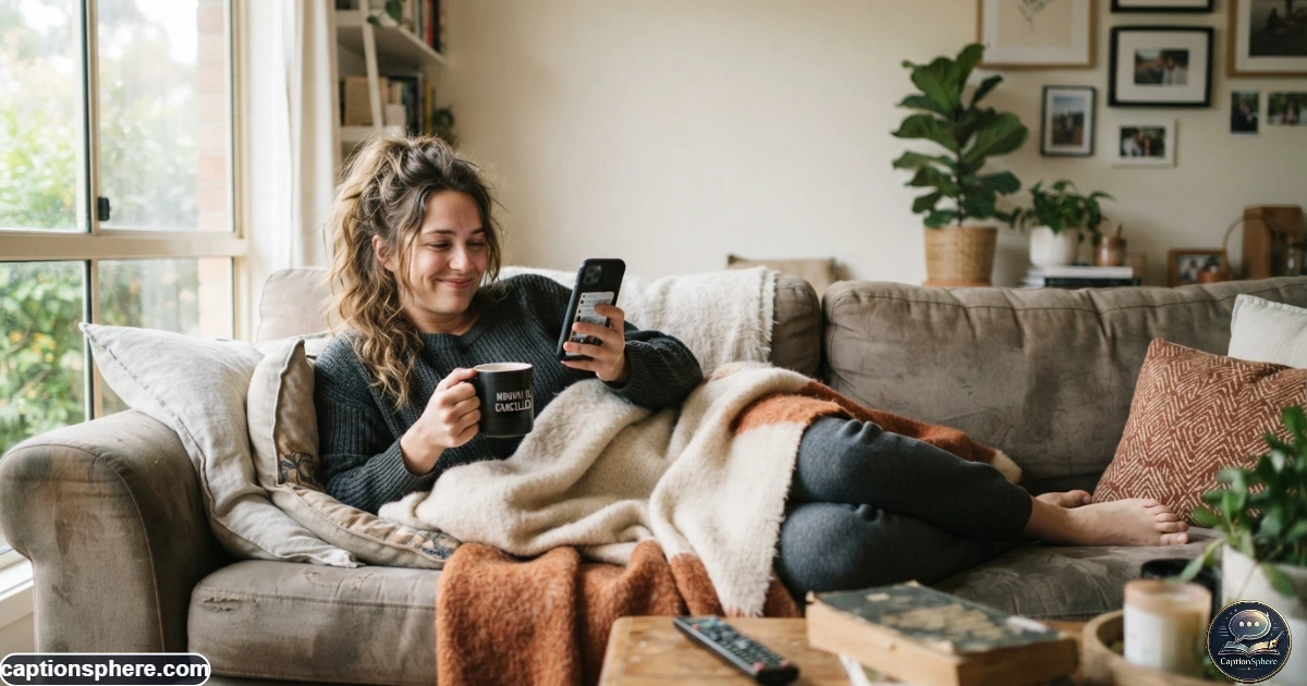 Tired person relaxing on a couch with blanket coffee and phone during a lazy weekend
