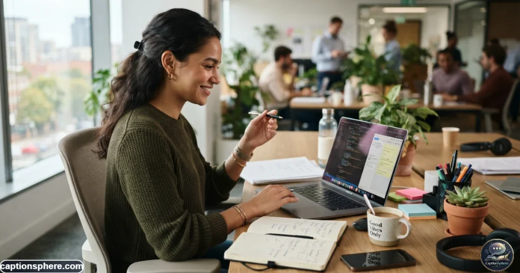 Young professional at a desk with laptop coffee and notes looking humorously overwhelmed