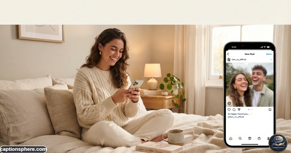 Young person smiling at their phone while choosing a playful Instagram simp caption