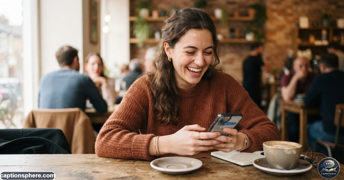 Person laughing at their phone while writing a funny Instagram caption about their crush