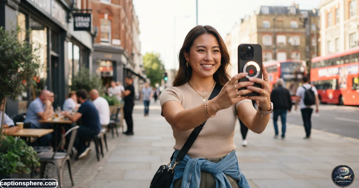 Young adult creating an Instagram selfie and Reel while checking captions on a smartphone