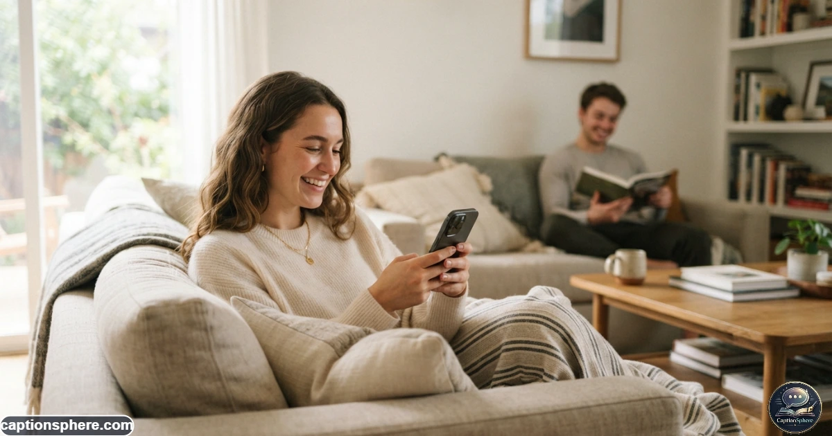 Young adult choosing a playful Instagram caption while smiling at their phone