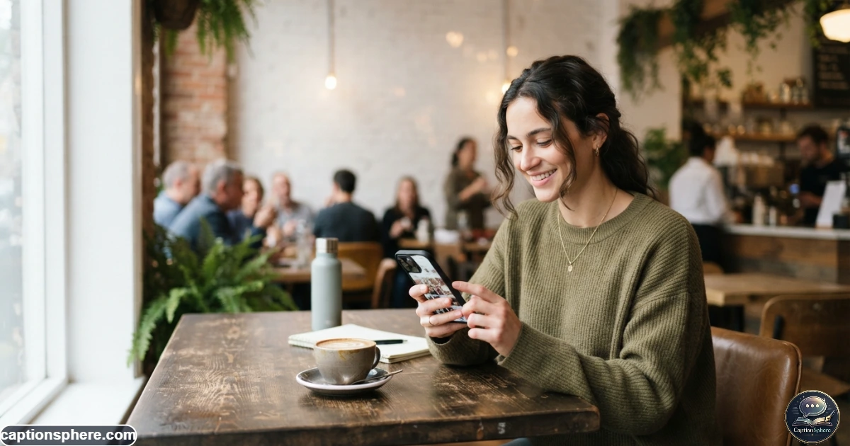 Person choosing an Instagram caption while reviewing photos on a smartphone
