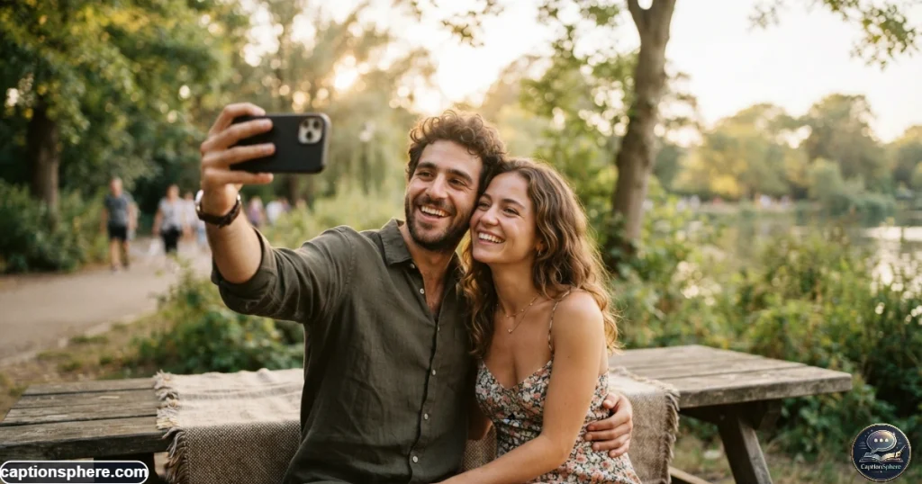 Happy couple sharing a relaxed outdoor moment while taking a personal photo
