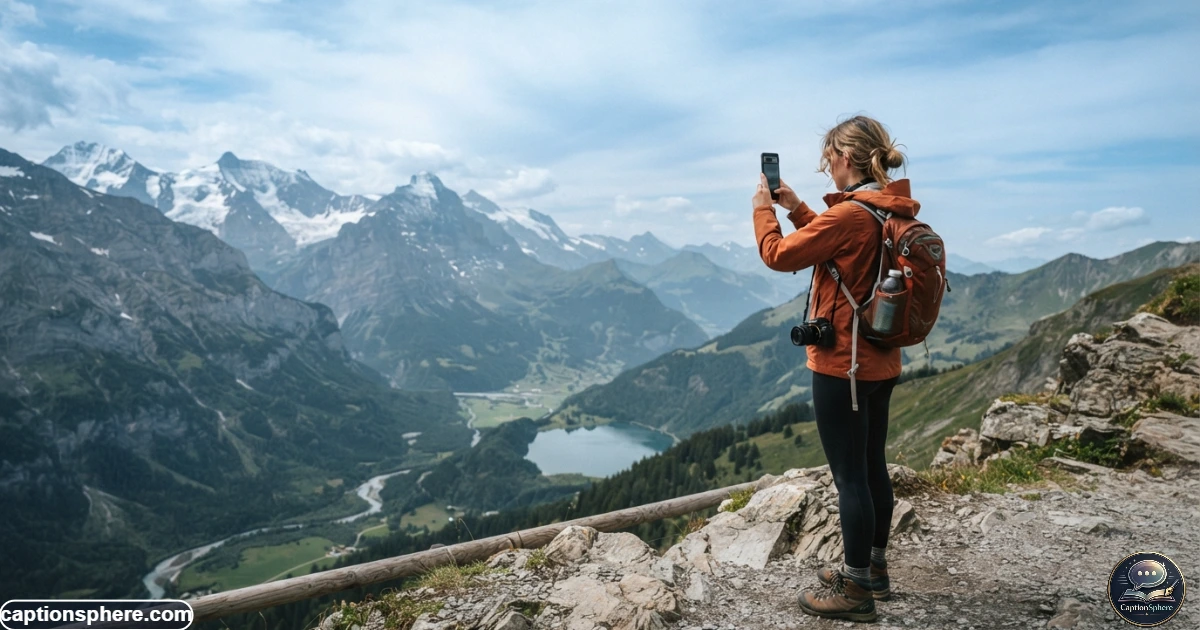 Traveler standing at a scenic viewpoint and photographing a beautiful landscape