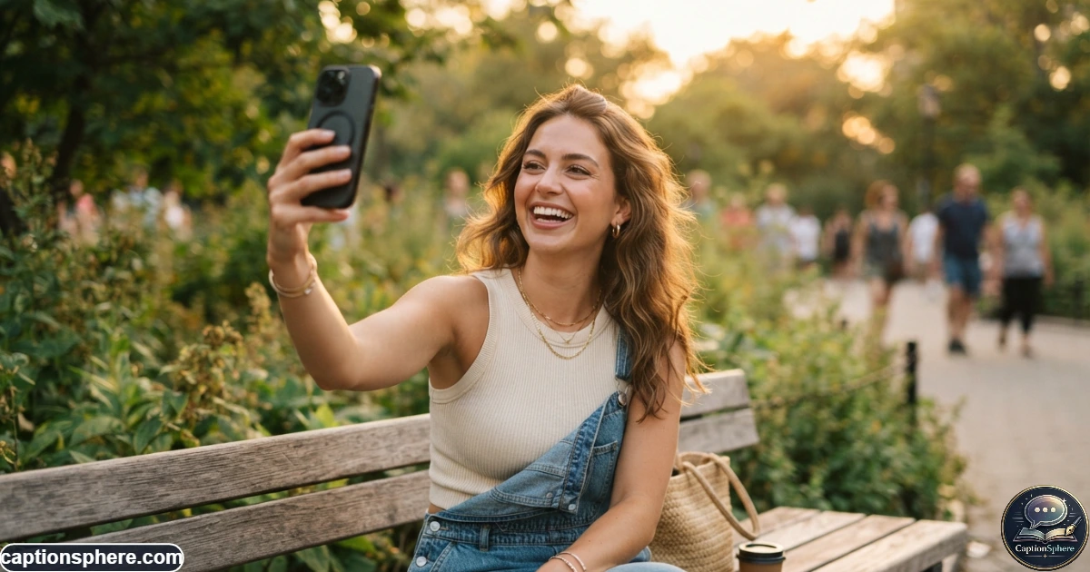 Young woman smiling while taking a cute outdoor selfie for Instagram