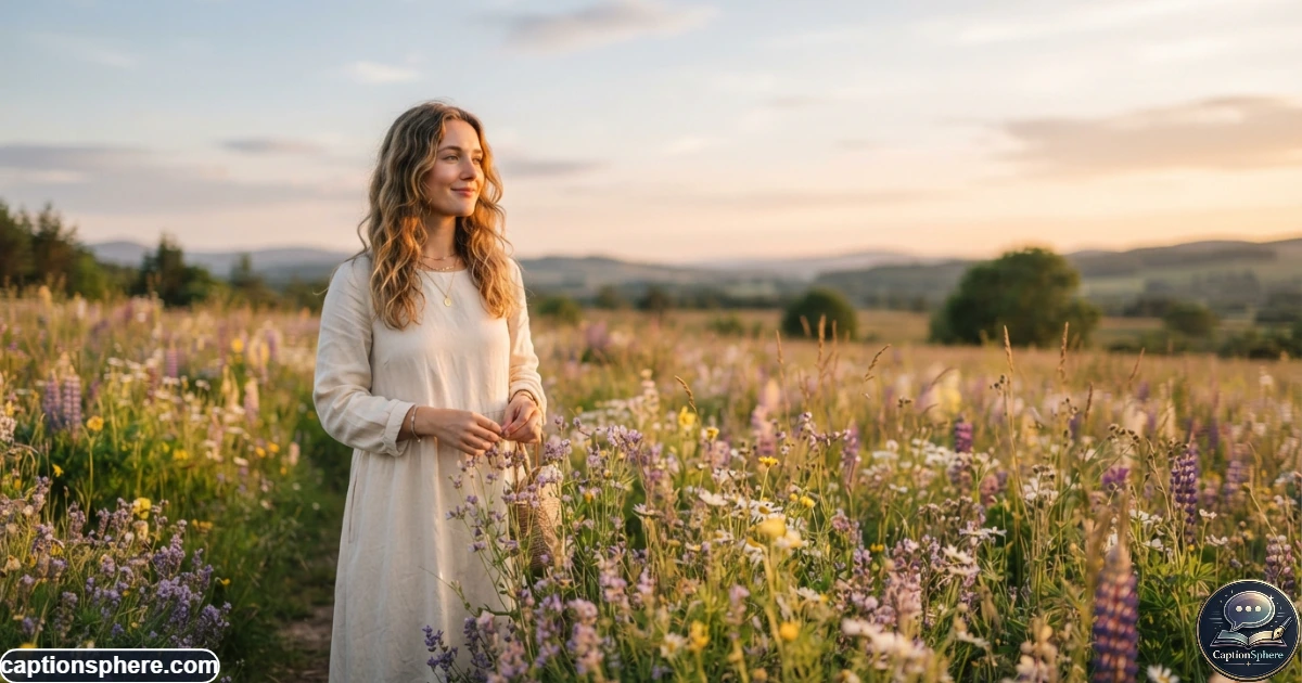 Woman enjoying soft golden-hour light beside flowers in a peaceful outdoor setting