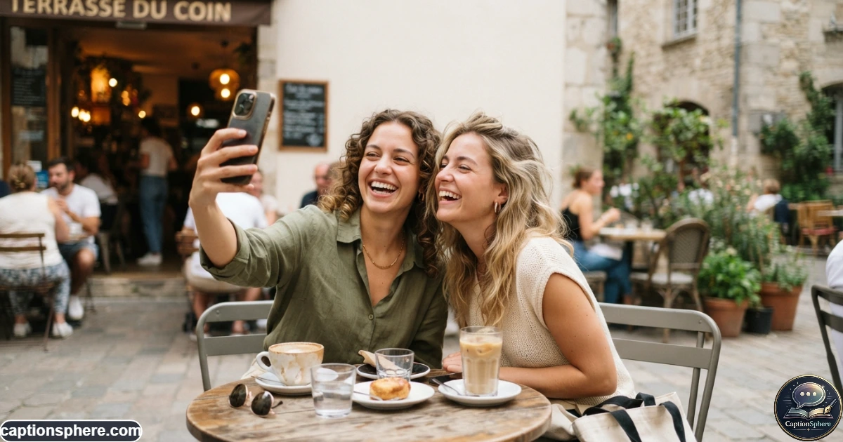 Two friends laughing together while taking a playful photo outdoors