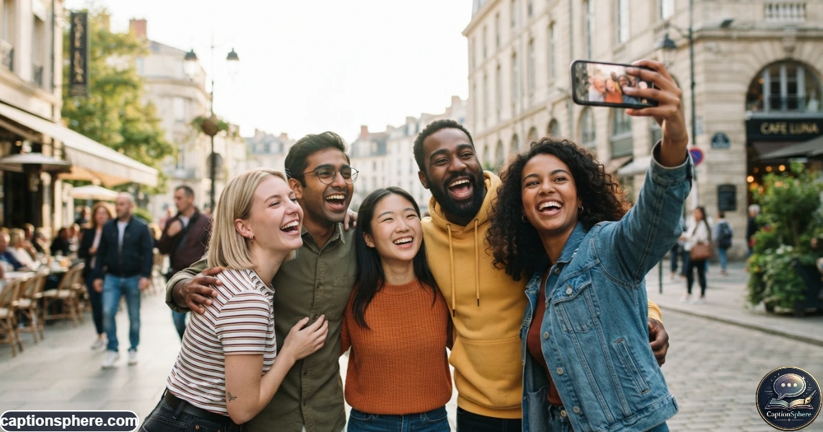 Create a realistic 16:9 editorial lifestyle photograph of a diverse group of young adult friends laughing naturally while taking a playful smartphone photo outdoors in a lively urban setting. Capture candid expressions, believable body language, stylish casual clothing, and subtle humorous energy. Leave clean negative space at the top-middle for a bold heading. No logos, watermark, subtitle, or promotional text.
