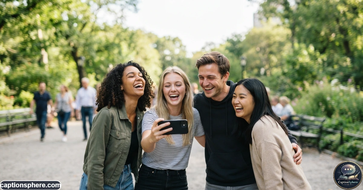 Friends laughing together while posing for a playful social media photo