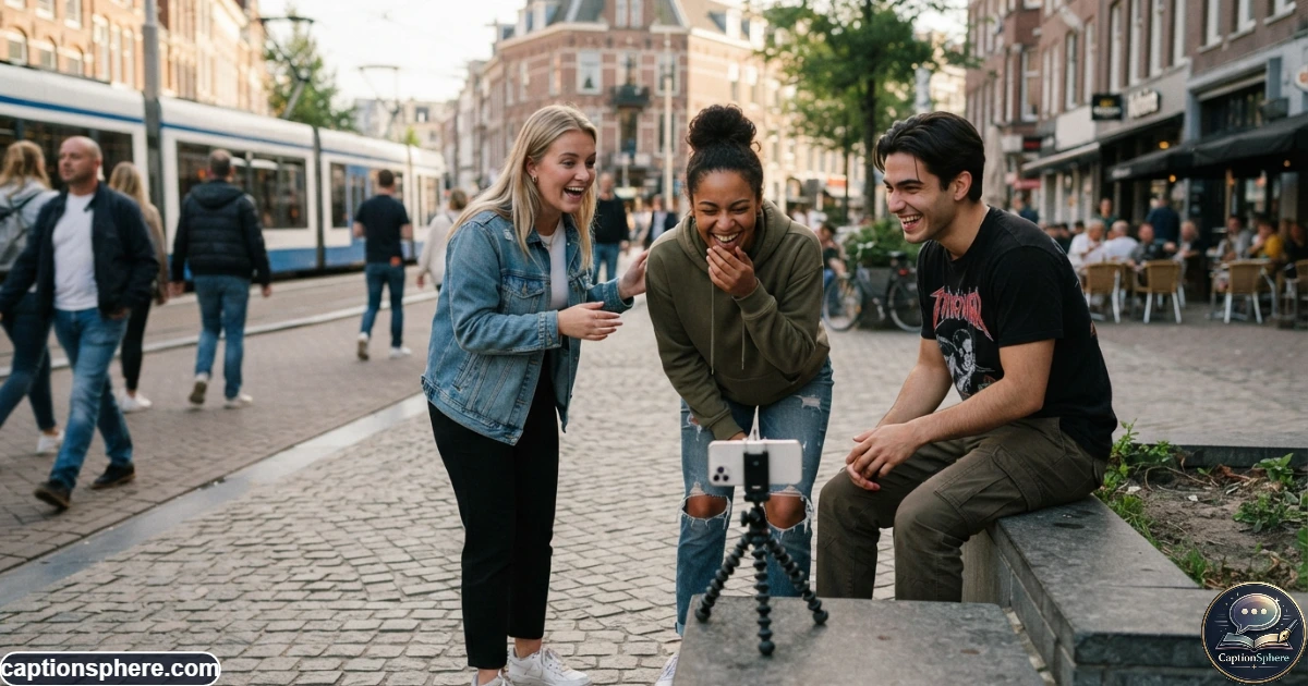 Friends filming a humorous Instagram Reel together with a smartphone outdoors