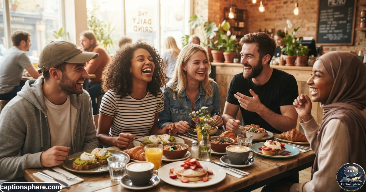 Friends laughing over brunch with coffee and colorful food at a café