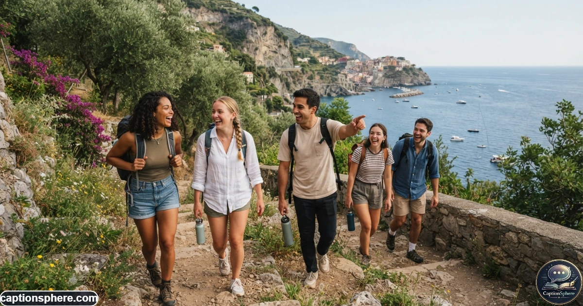 Friends laughing together while exploring a scenic vacation destination