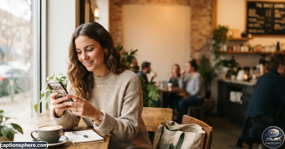 Person choosing an Instagram caption while reviewing photos on a smartphone