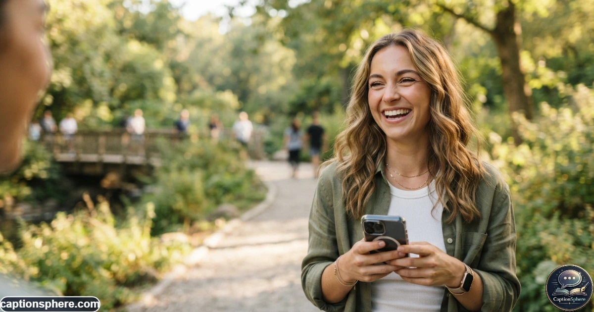 Smiling person taking a cheerful photo outdoors for an Instagram post